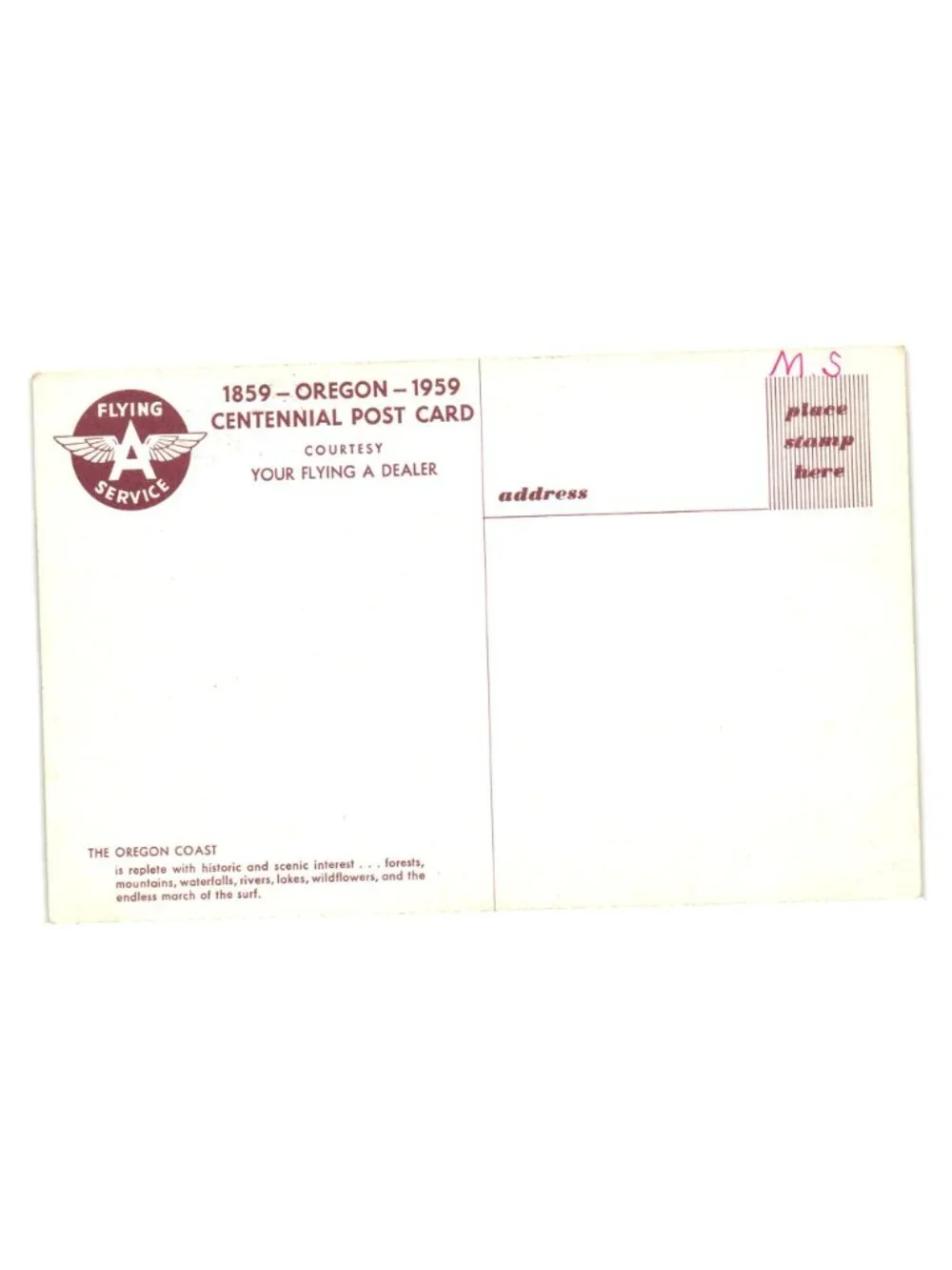 1859 Oregon 1959 Centennial Postcard Flying A Service Oregon Coast Scenic View